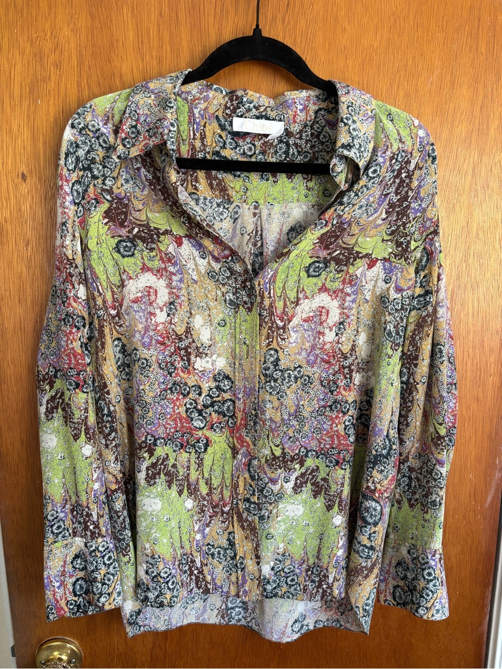 Chloe Green Marble Print Long Sleeve Button-Down Shirt